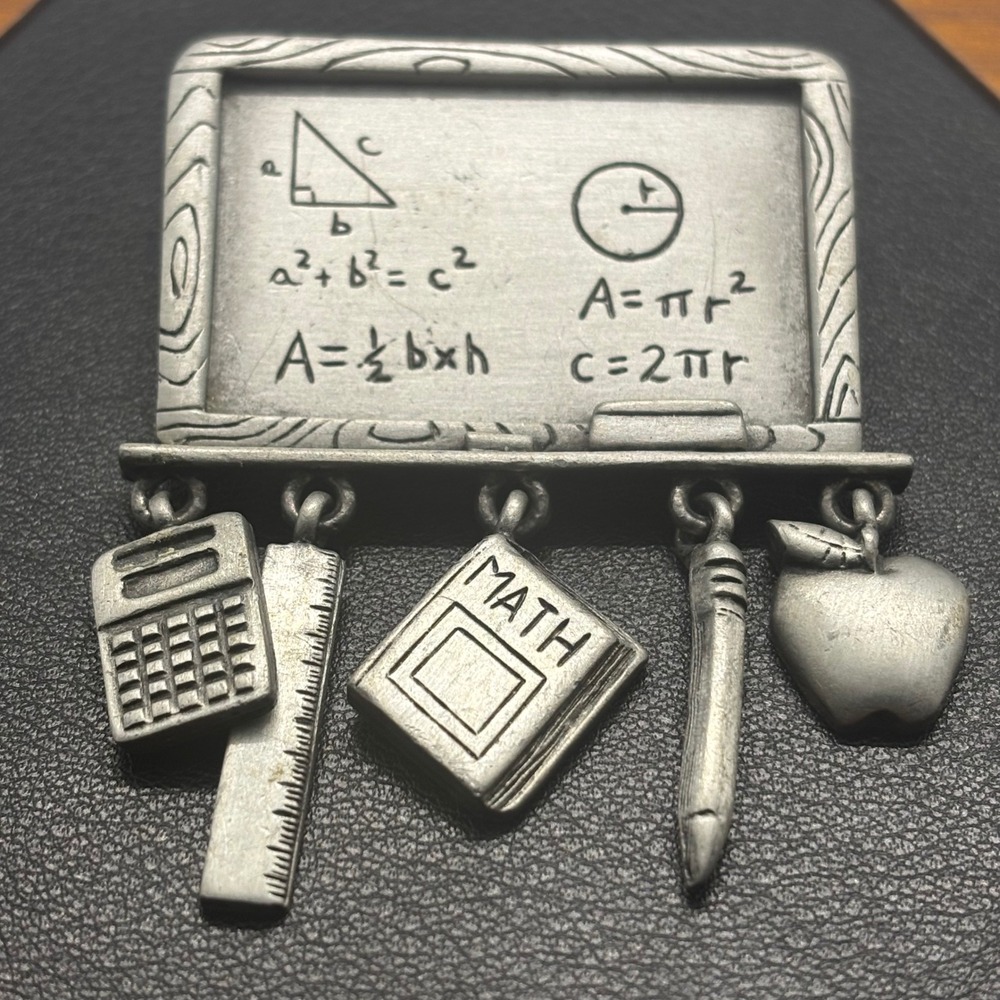 JJ Jonette Jewelry Vintage Pewter Math Teacher Chalkboard Dangle Brooch Pin 4815